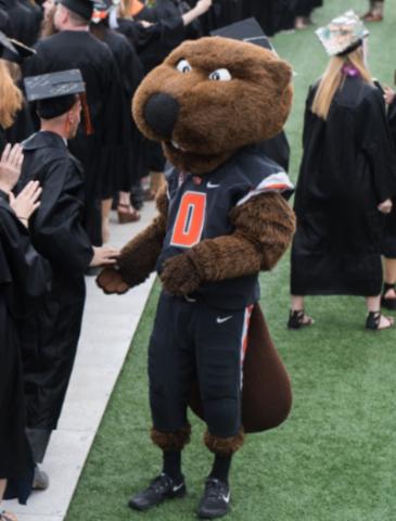 Benny the Beaver greets graduates